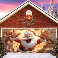 2D Holiday Garage Door Cover, Cute Santa Breaking Wall Photo Booth Background 47.2x31.5inch/120*80cm