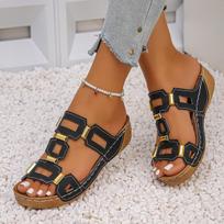 Plus Size European & American Wedge Flip-Flops: 2025 Summer Solid Color Fish Mouth Buckle Strap Sandals for Women 42 juoda