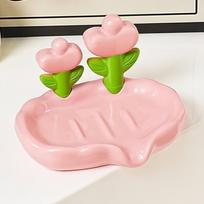 Tulip Design Drain Soap Dish No Drilling Required with Drainage Trough Soap Tray Solid Color Anti-slip Soap Storage Rack rožinė
