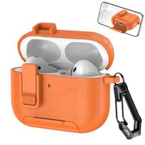 Vegan leather case for AirPods 4 , with carabiner, supports wireless charging, and includes a stand oranžinė