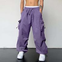 Cargo Pants For Men Baggy,Men's Parachute Cargo Pants Lightweight Pants Drawstring Loose Fit Hiking Casual Pants S violetinė