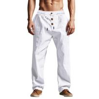 Men's Summer Linen Pants Casual Solid Color Baggy Trousers Beach Yoga Trousers with Pockets Elastic Waist Drawstring for Daily Wear And Vacation S balta