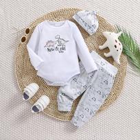 Infant Boy  New To The Crew  Print Dinosaur Pattern Long Sleeve Bodysuit With Matching Pants Hat Outfit Set 3-6M