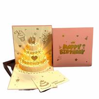 3D Light Birthday Card Folding Type Pop Up Gift Message Cards with Envelope with Musical Birthday Cake Cards rožinė