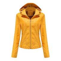 Rudens ir žiemos odinė striukė su gobtuvu moterims su nuimamu gobtuvu ir aksomine odine striuke Slim Fit paltas S citrinos geltonos spalvos