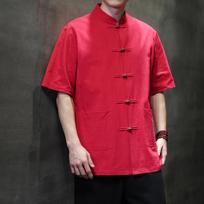 Men's Chinese Style Shirts Traditional Kung Fu Tai Chi Short Sleeve Tang Suit Uniform Shirt and Blouses Jacket Clothing L raudona