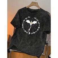 Trendy Minimalist Celestial Dragon Print T-Shirt Silhouette Star Moon Dragon Graphic Casual Crew Neck Short Sleeve S
