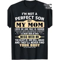 Funny  I'm Not a Perfect Son But My Mom Loves Me  T-Shirt - Black Loose Fit Short Sleeve Shirt with Funny Mom Quotes & Arabic/English Translation, S juoda