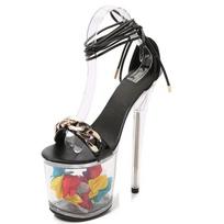 Moteriški batai aukštakulniai Stiletto Sexy Transparent Super High Sandalai Moteriški Vasaros 1986 Serija 20cm Kulnas 10cm Platforma LFD 34 juoda