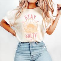 Moteriški marškinėliai su užrašu „Stay Salty“ Saulės ir Vandenyno Stiliaus Viršus Pavasaris/Vasara Grynos Medvilnės Trumpomis Rankovėmis Unisex Saulėlydžio Marškinėliai S