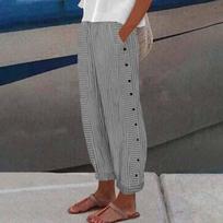 Women Casual Trousers Stripe Print Baggy Pants Elastic Waist Side Button Up With Pocket Straight Leg Comfort S juoda