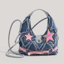 2024 Spicy Pink Star Patch Frayed Denim Crossbody Bag džinsinio mėlyna spalva