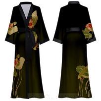 Kinietiško stiliaus moteriški naktiniai marškiniai su ilgu chalatu Retro satino miegui naktiniai marškinėliai pusrankoviais kimono chalatas, laisvas namų dėvėjimas One size