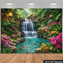 2D Tropical Garden Waterfall Backdrop with Koi Fish & Orchids Photography Background 47.2x31.5inch/120*80cm