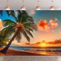 2D Flat Printing Tropical Beach Backdrop, Palm Tree Sunset Photography Background 47.2x31.5inch/120*80cm