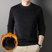 Chenille Mahjong Grid Long-sleeved Sweater Men's Winter Plus Velvet Thickened Round Neck Casual Bottoming Shirt Men L tamsiai pilka spalva