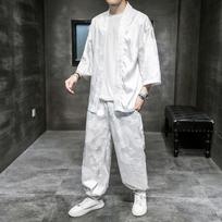 Men Kimono Cardigan Suit Summer Kimono Cardigan+loose Trousers 2 Piece Set M balta
