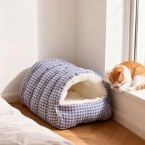 Self Heating Dog Cat Bed Flannel Kennel Cave House Cozy Cat Hideout Removable Pillow for Indoor Cat Enclosure (Blue,S) mėlyna