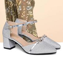 zapatos de mujer women classic golden sexy party night club square heel shoes lady fashion silver comfy pumps ab429 35