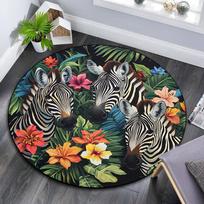 Zebras in Tropical Flowers Round Area Rug,Carpet Rug for Living Room Bedroom Sofa Playroom Decor,Non-slip Floor Mat 80cmx80cm