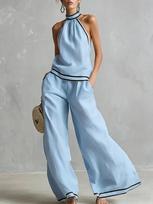 Sleeveless Wide Leg Pants Set Women Summer European Style Striped Color Block Two Piece Casual Vacation S mėlyna