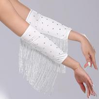 Performance Stage Latin Dance Fringed Sleeves Flash Drilling Rhinestone Fringe Tassel Gloves Solid Color Latin Dance Costumes