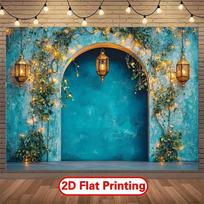 2D HD Boho Archway Backdrop, Teal Wall with Golden Lanterns Photo Background Cloth 47.2x31.5inch/120*80cm
