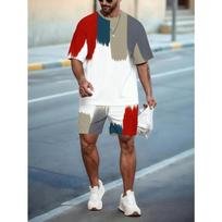Men's Vibrant Summer Set: Abstract Art Print Tee & Drawstring Shorts. Lightweight Loose Fit for Hot Weather & Outdoor Activities S įvairiaspalvis