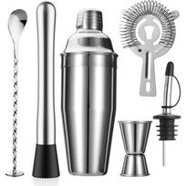 6-Piece Cocktail Shaker Set 24oz Shaker Strainer Muddler Jigger Mixing Spoon Pour Spout Bartender Kit Stainless Steel Bar Set Housewarming Gift 6-Pack sidabras