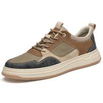 2032 Men's Handmade Flat Sole Cowhide Fashion Sneakers - Low-Top, Color Block, Large Size, Casual Spring/Autumn Trend 43 chaki