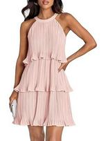 2026 European Women's Cross-Border Sleeveless Pleated Hem Patchwork Pullover Dress Large rožinė