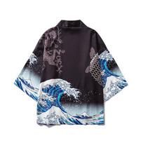 Men and Women's Japanese Kimono Wave Carp 3D Print Pattern Coat Green Traditional Haori Cardigan Japan Black Beach Clothing M juoda