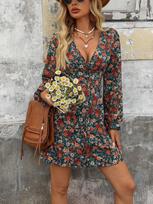 Hot-selling autumn floral print waist v-neck lantern long-sleeved dress in Europe and America XS