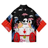 Japanese Sakura Cat Samurai Printed Kimono for Men Women Haori Cardigan Traditional Costume Loose Short Sleeve M