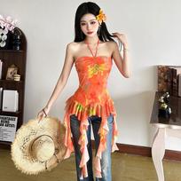 Holiday style summer sweet spice girl age reduction tie-dye neck vest women's lotus leaf edge streamer niche thin chic top S oranžinė