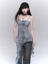 Ghost Girl Lotus Leaf Edge Hot Spicy American Suspender Top Women's Premium Sense Design Sense Cool Spicy Style Wear Suit S mėlyna