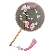 Round Double Sided Embroidery Fan Chinese Style Wooden Handle Embroidery Round Fan with Pendant Handheld Flower Silk Fan