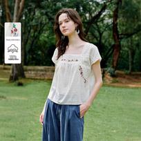 INMAN Sweet Embroidered Cotton Short Sleeve Blouse M perlų baltos spalvos