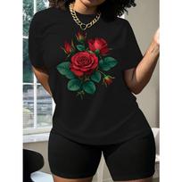 European sizes Women'S Black T-Shirt with Vibrant Red Rose Floral Print Round Neck Short Sleeve Casual Top, All-Season Comfort Regular Fit, S juoda