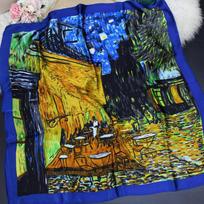 High-end famous painting Van Gogh oil painting starry sky silk 90 square scarf spring and autumn thin mulberry silk scarf summer sunshade shawl 90*90cm
