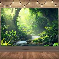 2D Misty Rainforest Waterfall Backdrop with Sunlight Photography Background 47.2x31.5inch/120*80cm