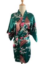 Women's Multicolor Silk Kimono Cardigan: Peacock Short Sleeve Summer Bathrobe & Sleepwear S tamsiai žalia spalva