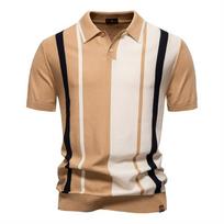Summer Men's Lapel Short-sleeved Knitted Polo Striped Stitching Short-sleeved Polo Shirt Men M chaki