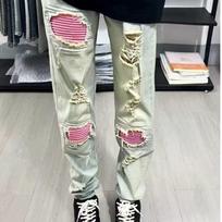 New Knee Pink Patch Jeans Men's Ruffian Handsome Yellow Mud Old Ripped Pants American High Street Long Pants S