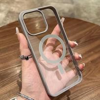 Magnetinis prabangus skaidrus dėklas IPhone 16 15 14 13 12 11 Pro Max Plus, Magsafe belaidžio įkrovimo galinei daliai, skaidrūs dėklai iPhone 15 pilka