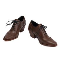 Moteriški perforuoti Brogues Oxfords batai su storu aukštu kulnu, kvadratiniu priekiu, raišteliais, vintažiniai bateliai 20-ųjų kostiumų vakarėliui 36 ruda