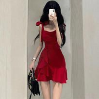 Pure desire style Spice girl red suspender dress women's summer new design sense niche temperament waist and thin short skirt S 40-47.5kg