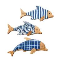 3Pcs/Set Geometric Wooden Dolphin Wall Decoration, Striped Wavy Plaid Fish Wall Art, Nautical Wall Hanging Ornament for Beach House, Bathroom mėlyna
