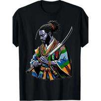 Unisex and Fashionable African American Samurai Anime Printed T-shirt, Round Neck, Soft Cotton Fabric, T-shirt, All Season Casual Short Sleeved S juoda