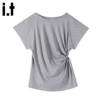 Women's Knot Pleated Round Neck T-Shirt S pelenų pilka spalva